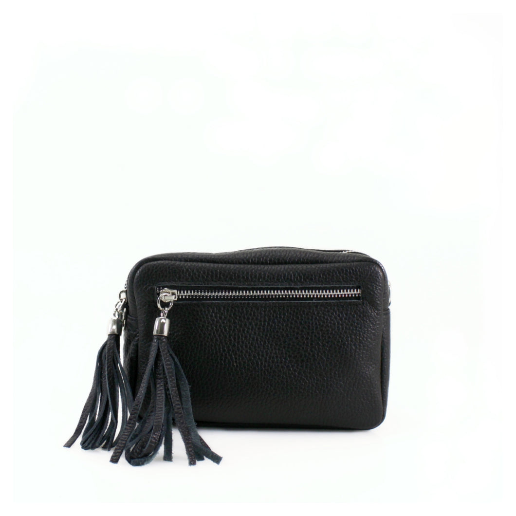 Black Leather Crossbody Bag With Tassel