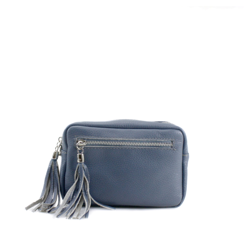 Blue Leather Crossbody Bag With Tassel