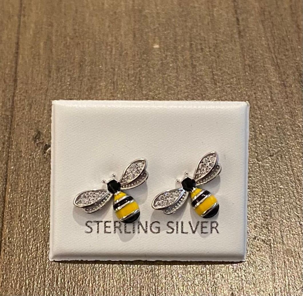 Sterling Silver Clear CZ & Enamel Bee Stud Earrings