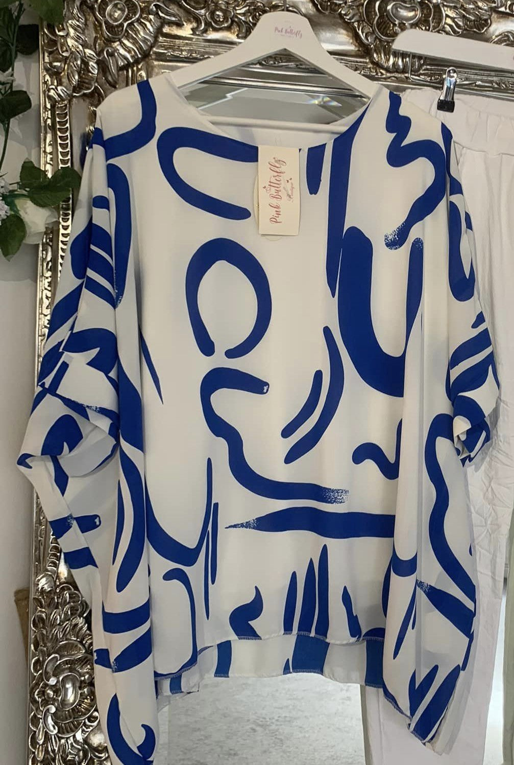 White/Blue Abstract Print Top