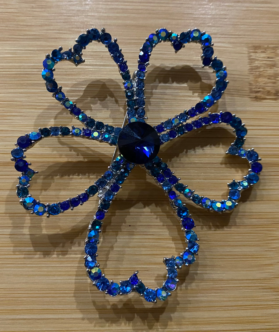 Blue Diamanté Flower Brooch